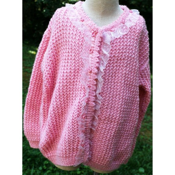 Crochet Cable Knit Pink Sweater Cardigan Roses Sheer Ruffle Girls Sz XL - Picture 1 of 8